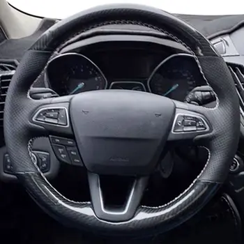 Черный Чехол Рулевого Колеса автомобиля с кожаной оплеткой из углеродного волокна для Ford Focus (RS|ST|ST-Line) Kuga (ST-Line) Ecosport (ST-Line)