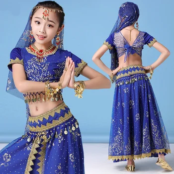 Комплект детских костюмов для танца живота, юбка для танца живота, платье для болливудских танцев, одежда для индийских танцев на сцене, конкурсная одежда для индийских танцев