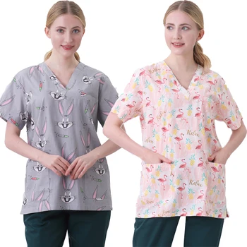 Униформа медицинской медсестры, Женские Мужские рубашки-скрабы с принтом и кепка, клиническая блузка с V-образным вырезом, скрабы с цветочным рисунком, Верхняя одежда для красоты
