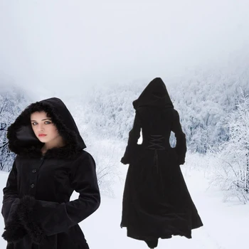 Осенне-зимнее женское винтажное пальто в стиле стимпанк длиной до пола с капюшоном, средневековая теплая меховая отделка, макси, готический костюм ведьмы для вечеринок, верхняя одежда