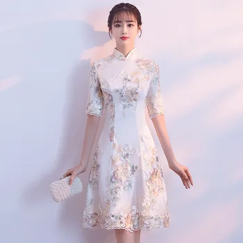 Традиционная китайская одежда, винтажное платье трапециевидной формы, улучшенное платье с цветочной вышивкой Cheongsam Qipao с воротником-стойкой мандарина