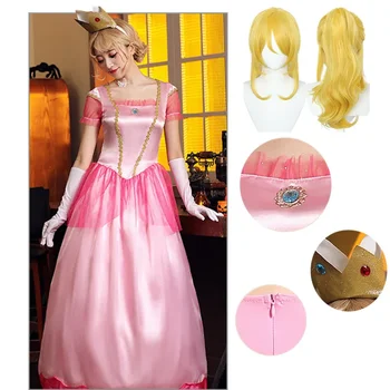 Классический игровой костюм принцессы персикового цвета Для девочек, карнавал, косплей, Розовое платье, сцена для дня рождения, Роскошная форма, Головные уборы, Перчатки