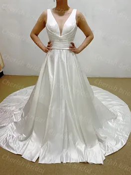 R-B027 Простое атласное бальное платье на бретелях, свадебное платье, женское платье невесты с иллюзионной пуговицей на спине