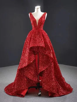 Высококачественное сексуальное красное платье для банкета с V-образным вырезом и пайетками на заказ