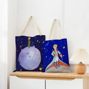 Сумка для покупок Little Prince с двусторонним принтом, женская складная Льняная сумка, Переносная сумка для удобного хранения на открытом воздухе