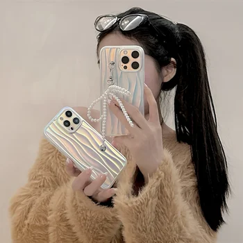 Корейский роскошный чехол-подвеска с Лазерной водной рябью и жемчужным бантом для iPhone 15 14 13 12 11 Pro Max, противоударный чехол, Стильная Мягкая одежда для девочек