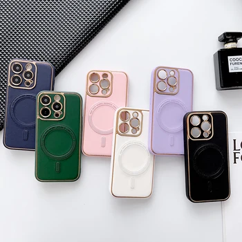 Роскошный кожаный магнитный чехол Magsafe для iPhone 11 12 13 14 Pro Max Plus, зарядка для телефона с анимацией, беспроводные аксессуары