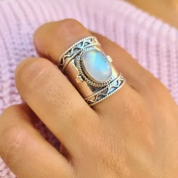 Креативное Португальское ретро Широкое кольцо с лунным камнем, винтажное кольцо для вечеринок, украшения из бисера геометрической формы, женский художественный стиль