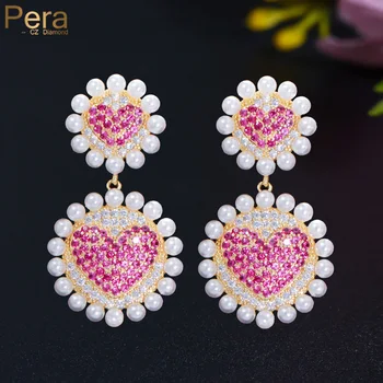 Pera Romantic Love Heart Charm CZ Золотого цвета Длинные Круглые серьги-подвески с имитацией жемчуга, ювелирные изделия для женщин E787