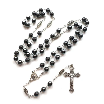 Ожерелья из черных гематитовых бусин, католические ожерелья с подвеской в виде распятия, Молитвенные ожерелья