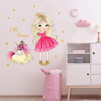 Наклейки на стены с единорогом и звездами для маленькой девочки - Декор фона в комнате - Самоклеящиеся наклейки на стену