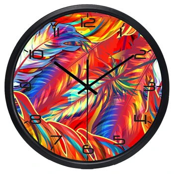 Креативные настенные часы с разноцветными перьями, домашняя мастерская, настенные часы без тикающего звука
