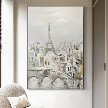 Современная настенная живопись в стиле башни На холсте, густая белая картина маслом, ручная роспись, простая абстрактная картина маслом с видом на Париж, домашний декор