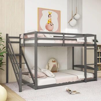 Детская кровать 90*200 см низкая двухъярусная кровать с двумя безопасными лестницами слева и справа серая двухъярусная кровать из массива дерева с решетчатым основанием