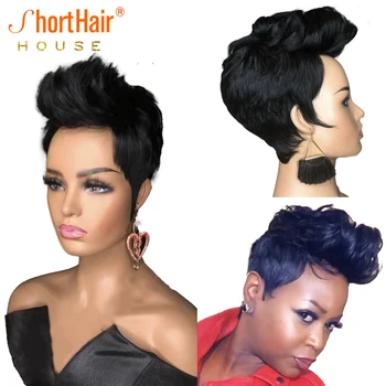 Парик-каре Pixie Cut Bob для чернокожих женщин, волнистый парик из человеческих волос 150% плотности, Бразильские парики из человеческих волос машинного производства WeddingHair