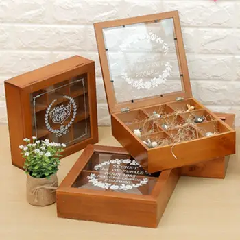 Деревянная акриловая подарочная коробка для десерта, 9 Сеток, Дизайнерский ящик для хранения, контейнер, держатель для сережек с крышкой, украшение для шкатулки для ювелирных изделий, органайзер для подарков