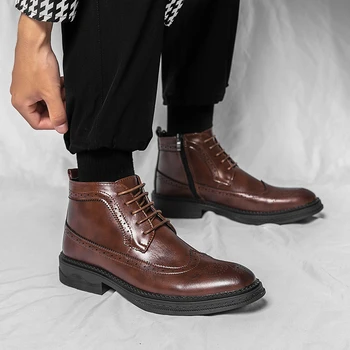 Модные мужские высокие ботинки с острым носком, черно-коричневая обувь, бесплатная доставка, размер 38-44