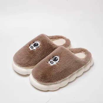 Тапочки на толстой подошве для пар, мультяшная теплая домашняя хлопчатобумажная обувь Kawaii, нескользящая плюшевая уютная домашняя обувь, напольные туфли