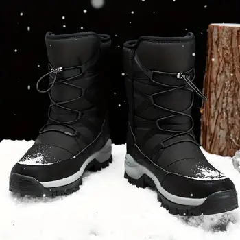 Мужские зимние ботинки до середины икры, зимняя термообувь, ветрозащитные походные ботинки с пушистой подкладкой