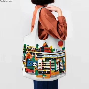 Азия Баухауз Цветной блок Геометрическая линия Современная холщовая сумка для покупок Женская Моющаяся вместительная сумка для покупок в продуктовом минималистичном стиле