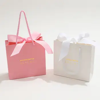 Подарочные пакеты из ювелирной бумаги с индивидуальной печатью на ленте с бантом и пользовательским логотипом, роскошная сумка для упаковки покупок с ленточной ручкой