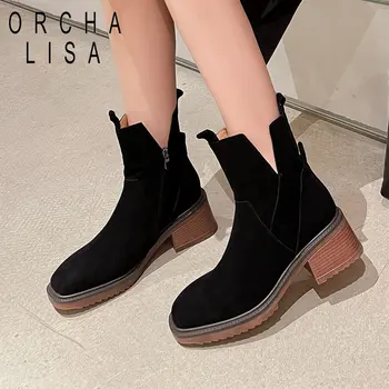 ORCHA LISA/ Женские короткие ботинки из натуральной коровьей замши с квадратным носком на толстом каблуке 6 см, Повседневные женские пинетки на молнии большого размера 40