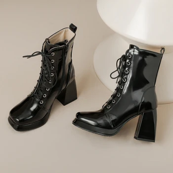 Пикантные женские ботильоны на платформе 2023, Зимние короткие ботинки на высоком каблуке со шнуровкой, Черные, белые вечерние туфли для стрип-танцев, Большой размер 45