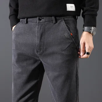 Высококачественные весенне-осенние мужские повседневные брюки в клетку, хлопковые стрейчевые Классические брюки приталенного кроя, мужские брюки большого размера 38