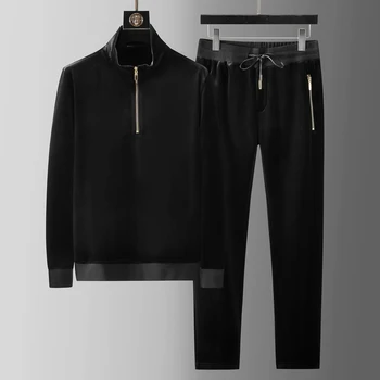 Minglu Winter Add Velvet Спортивные повседневные мужские комплекты с воротником-стойкой Pleuche, черные мужские свитшоты на молнии, мужские брюки с эластичным поясом