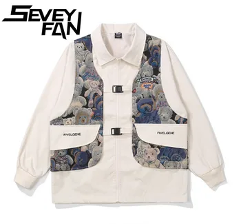 Мужская куртка SEVEYFAN, куртки в стиле хип-хоп, мужская верхняя одежда с рисунком медведя в стиле ретро, модные свободные топы с отложным воротником, уличная одежда